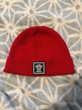 Versace Red Ribbed Medusa Patch Beanie